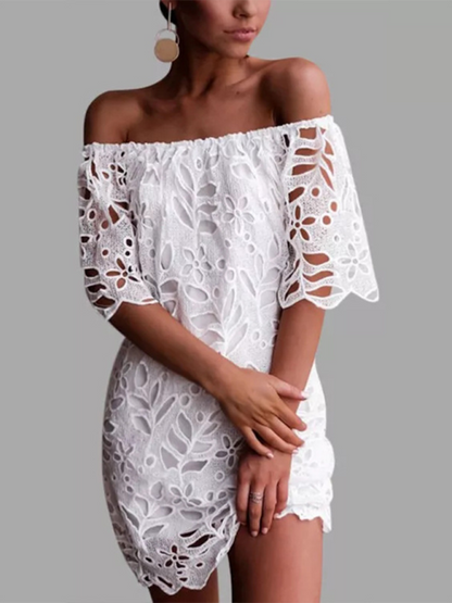 Summer Dresses- Sunny Days Women's Eyelet Lace Off-Shoulder Mini Dress- - IndioGear Fashion and Gear