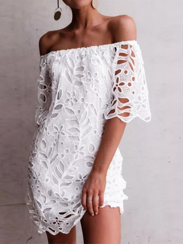 Summer Dresses- Sunny Days Women's Eyelet Lace Off-Shoulder Mini Dress- - IndioGear Fashion and Gear