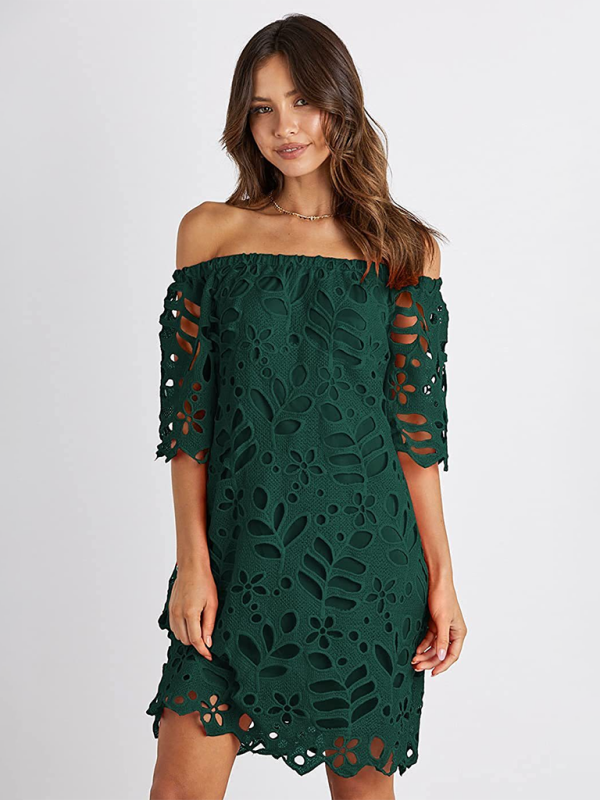 Summer Dresses- Sunny Days Women's Eyelet Lace Off-Shoulder Mini Dress- Green- IndioGear Fashion and Gear