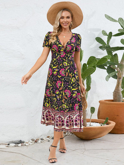 Summer Dresses- Sunny Season Style A-Line Surplice V-Neck Midi Dress with Florals- Black- IndioGear Fashion and Gear