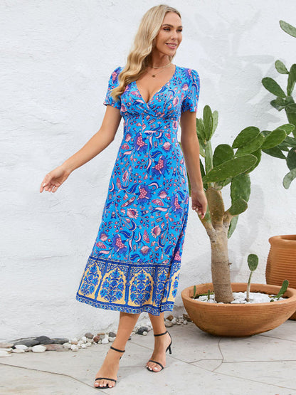 Summer Dresses- Sunny Season Style A-Line Surplice V-Neck Midi Dress with Florals- - IndioGear Fashion and Gear