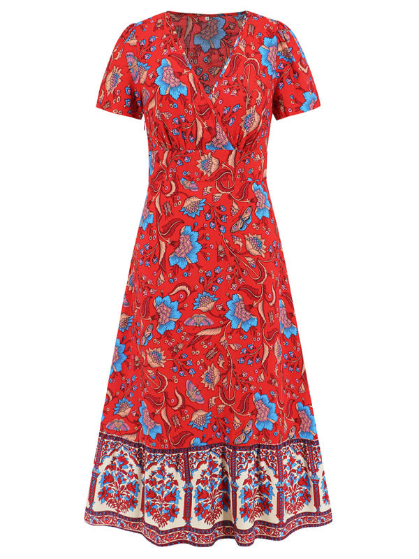 Summer Dresses- Sunny Season Style A-Line Surplice V-Neck Midi Dress with Florals- - IndioGear Fashion and Gear