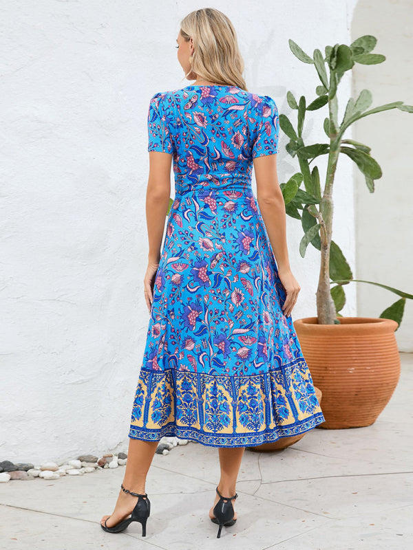 Summer Dresses- Sunny Season Style A-Line Surplice V-Neck Midi Dress with Florals- - IndioGear Fashion and Gear