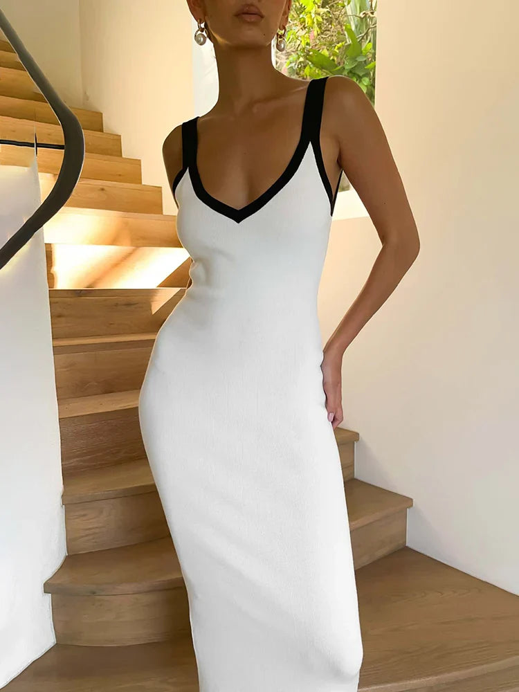 Contrast Trendy Knit Sheath Cami Midi Dress