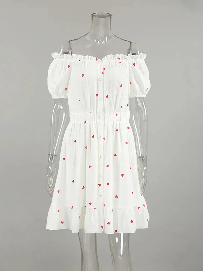 Summer Dresses- White and Red Heart Cotton Off-Shoulder Dress- - IndioGear.com