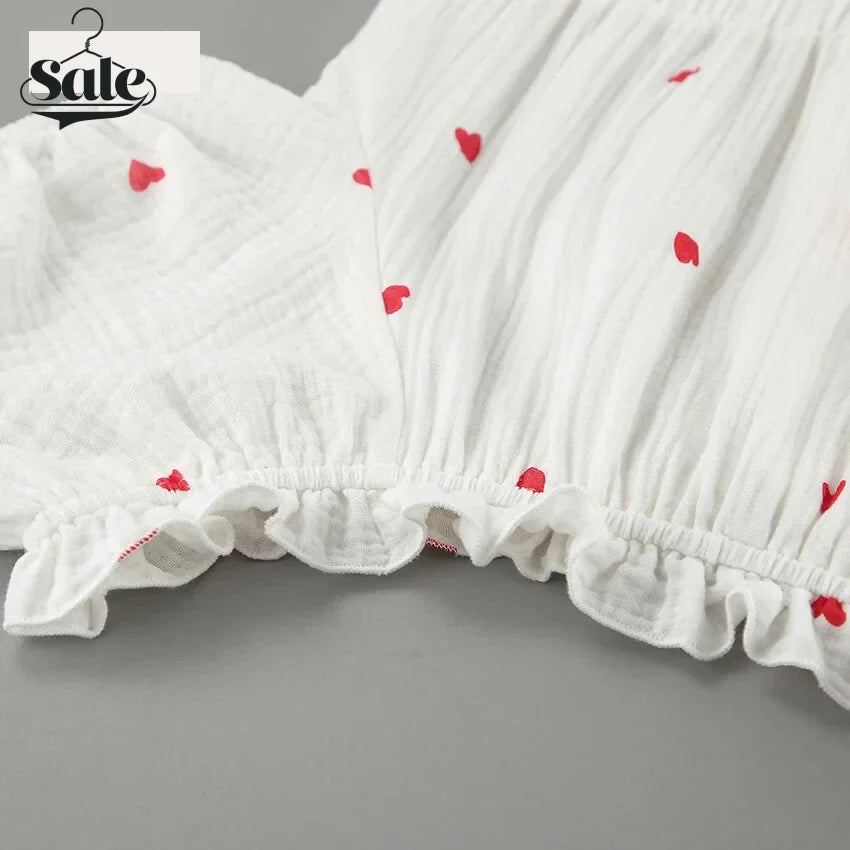 Summer Dresses- White and Red Heart Cotton Off-Shoulder Dress- - IndioGear.com