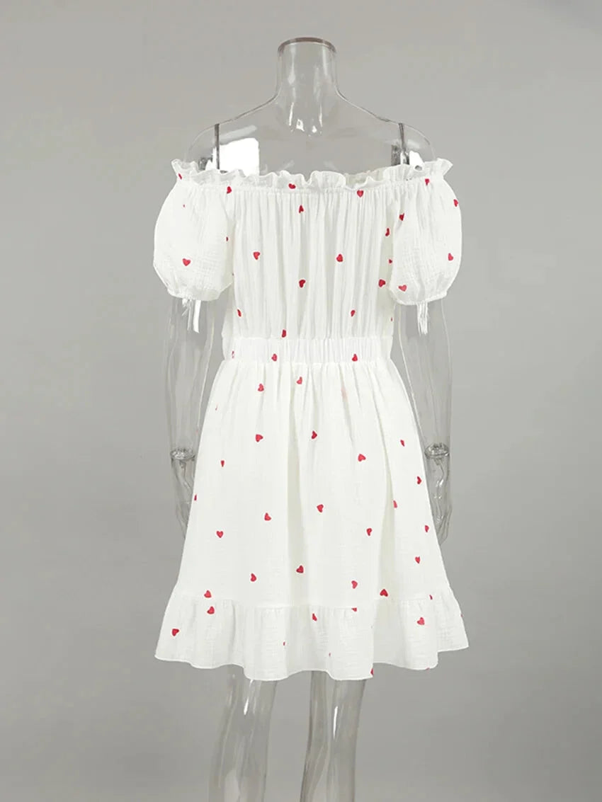 Summer Dresses- White and Red Heart Cotton Off-Shoulder Dress- - IndioGear.com