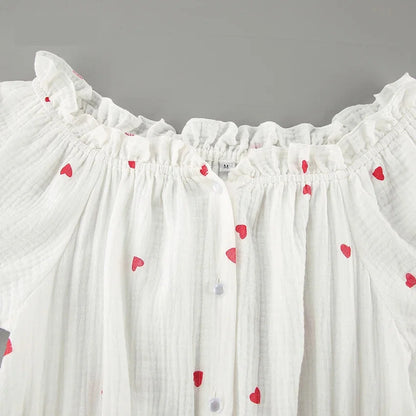 Summer Dresses- White and Red Heart Cotton Off-Shoulder Dress- - IndioGear.com