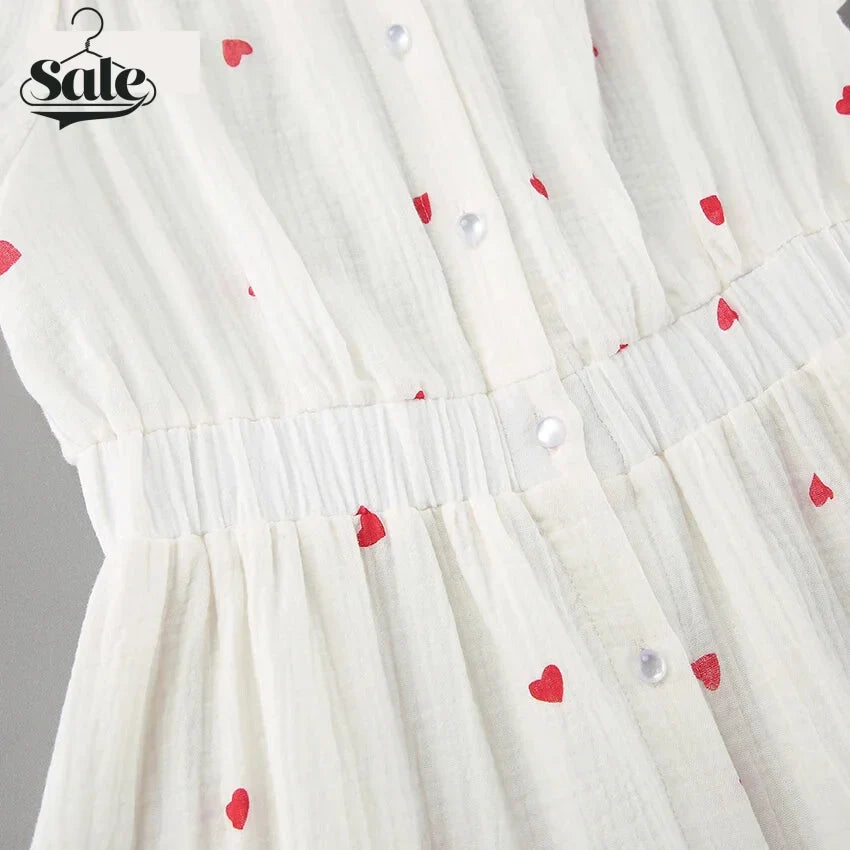 Summer Dresses- White and Red Heart Cotton Off-Shoulder Dress- - IndioGear.com