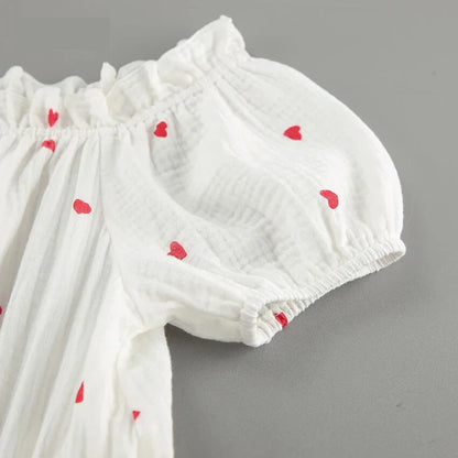 Summer Dresses- White and Red Heart Cotton Off-Shoulder Dress- - IndioGear.com