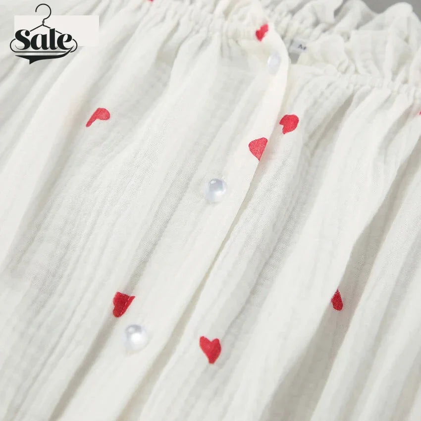 Summer Dresses- White and Red Heart Cotton Off-Shoulder Dress- - IndioGear.com