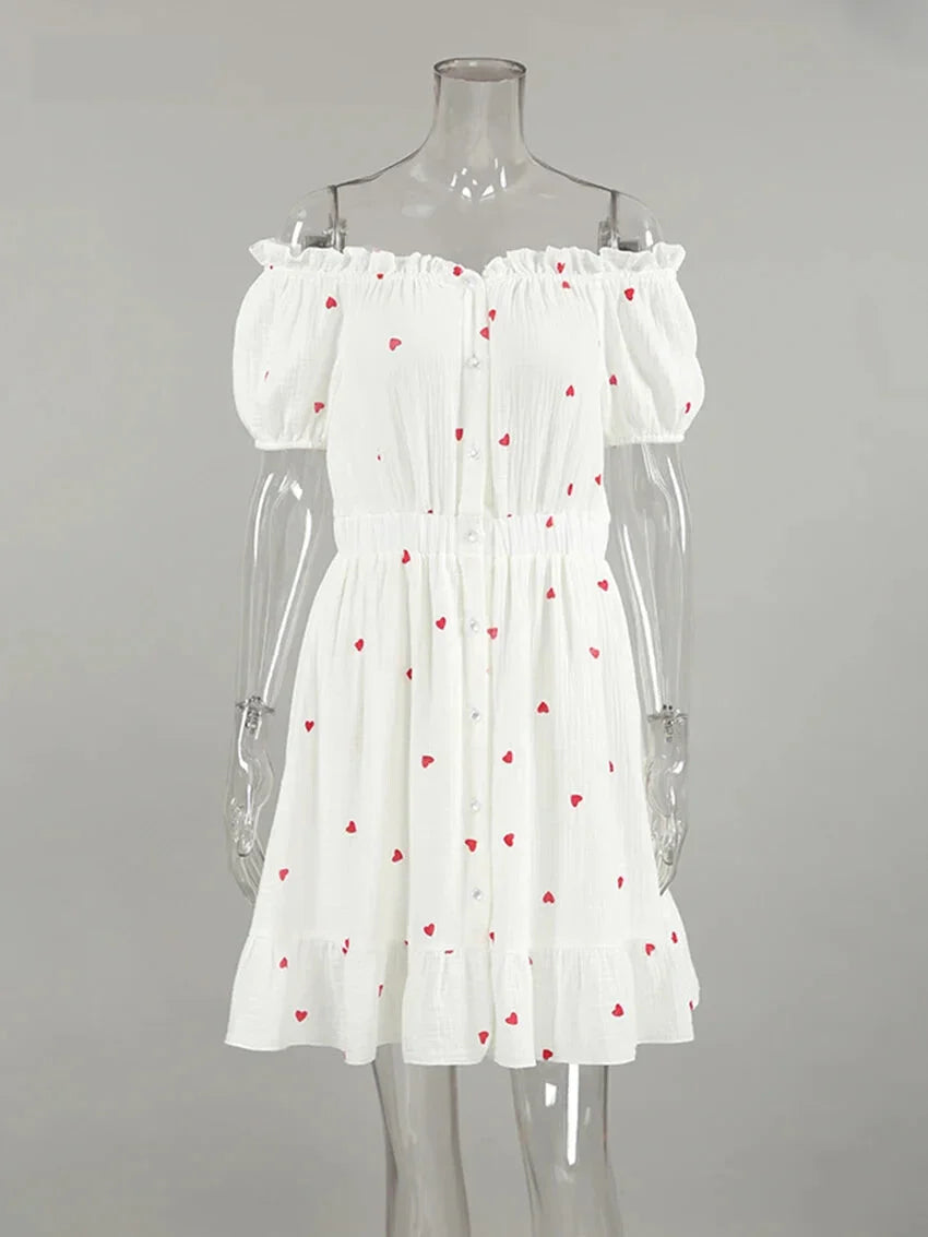 Summer Dresses- White and Red Heart Cotton Off-Shoulder Dress- - IndioGear.com