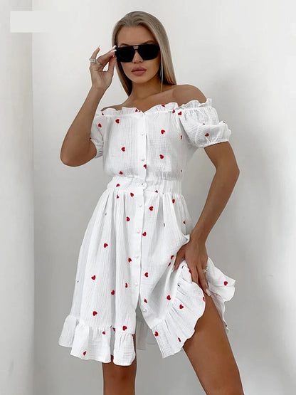 Summer Dresses- White and Red Heart Cotton Off-Shoulder Dress- White- IndioGear.com