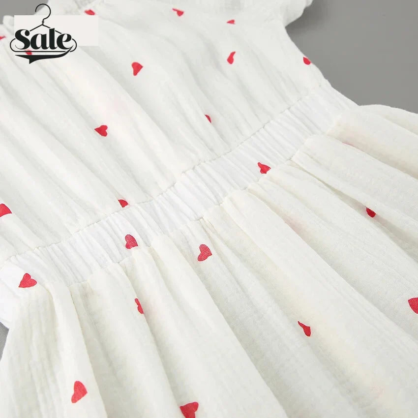 Summer Dresses- White and Red Heart Cotton Off-Shoulder Dress- - IndioGear.com