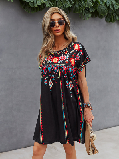 Summer Dresses- Women Boho Folk Floral Tee Dress - Short Sleeve Sundress- - IndioGear.com