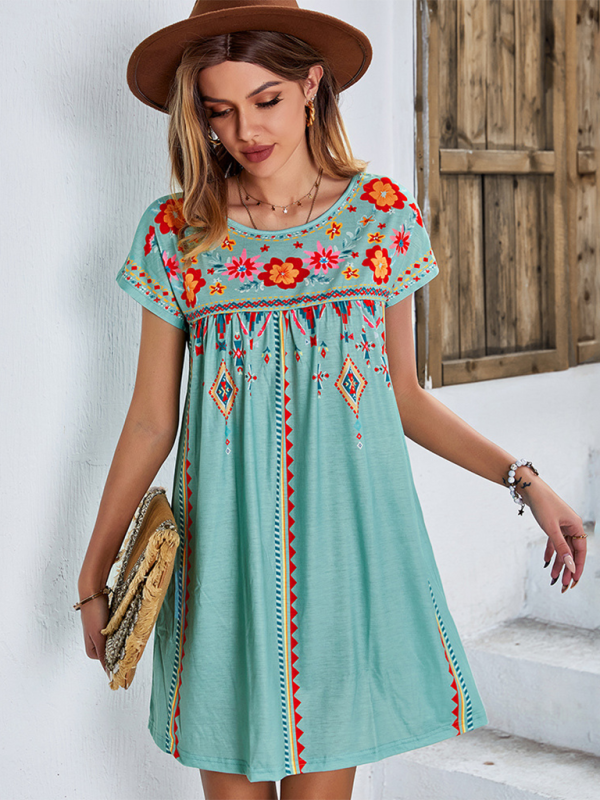 Summer Dresses- Women Boho Folk Floral Tee Dress - Short Sleeve Sundress- - IndioGear.com