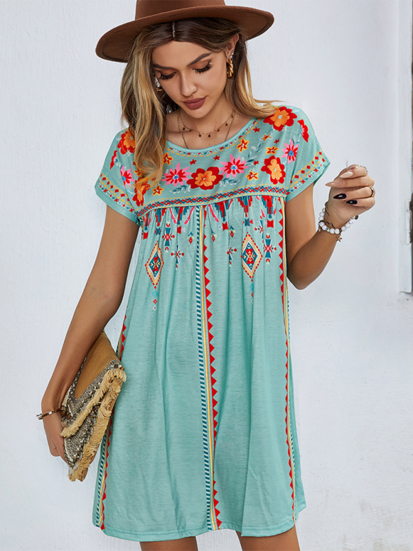 Summer Dresses- Women Boho Folk Floral Tee Dress - Short Sleeve Sundress- Green- IndioGear.com