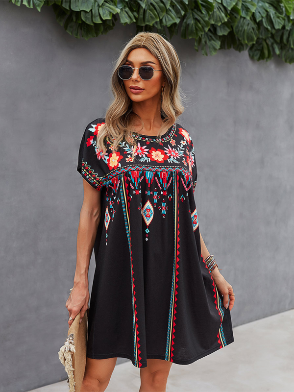 Summer Dresses- Women Boho Folk Floral Tee Dress - Short Sleeve Sundress- Black- IndioGear.com