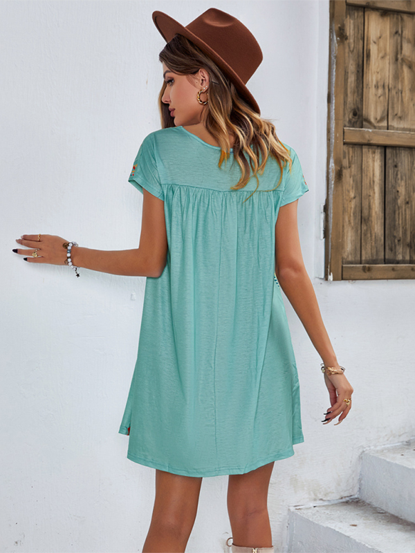 Summer Dresses- Women Boho Folk Floral Tee Dress - Short Sleeve Sundress- - IndioGear.com