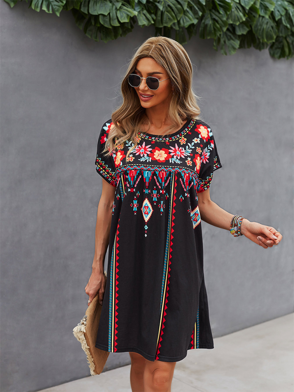 Summer Dresses- Women Boho Folk Floral Tee Dress - Short Sleeve Sundress- - IndioGear.com