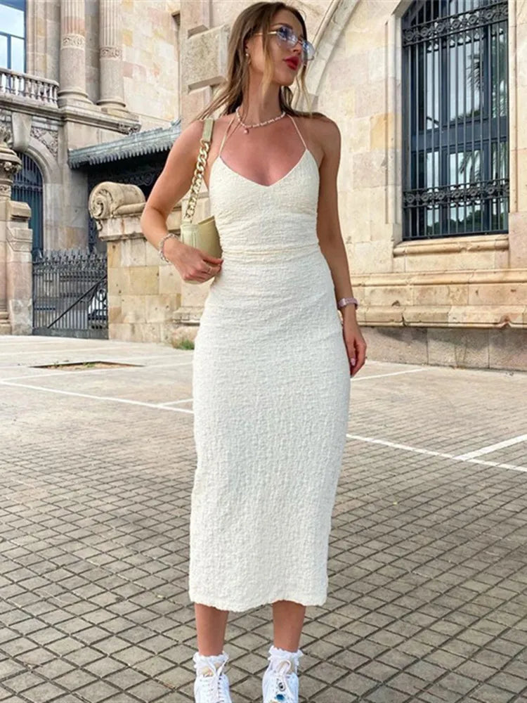 Summer Dresses- Women Multi-Strap Sheath Dress with Unique Back Design- White- IndioGear.com