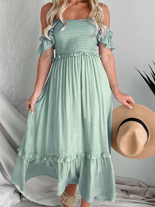 Summer Dresses- Women Off-Shoulder Midi Dress for BBQ Gatherings- Blue- IndioGear.com