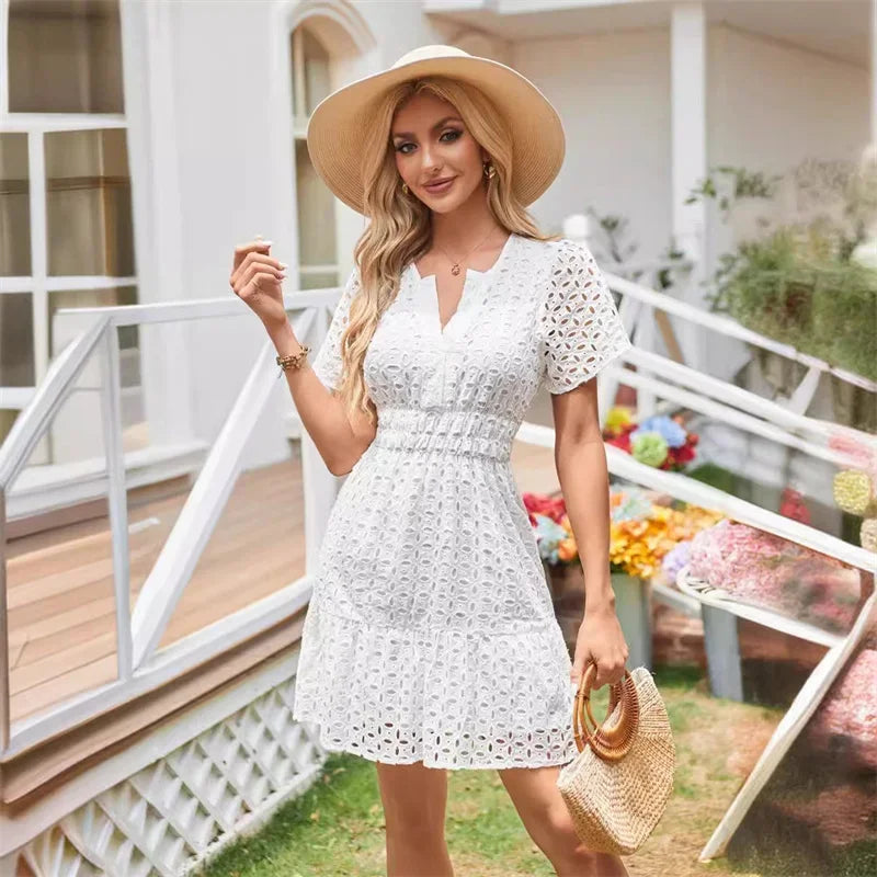 Summer Dresses- Women Solid Eyelet Dress for Summer Cocktails- White- IndioGear.com