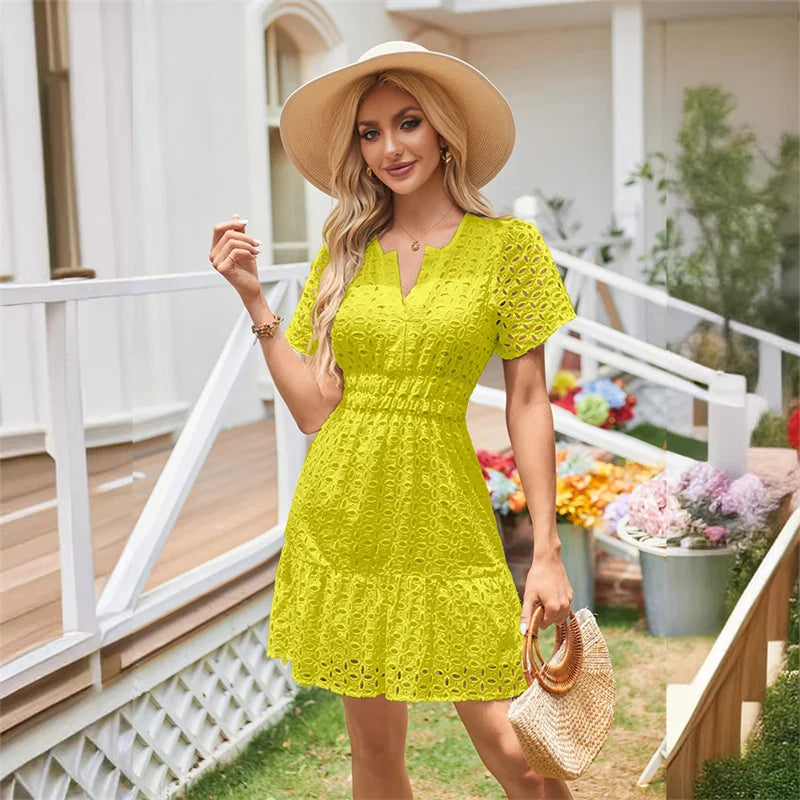 Summer Dresses- Women Solid Eyelet Dress for Summer Cocktails- - IndioGear.com