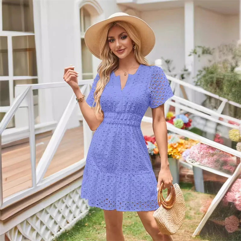 Summer Dresses- Women Solid Eyelet Dress for Summer Cocktails- - IndioGear.com