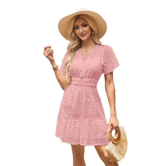 Summer Dresses- Women Solid Eyelet Dress for Summer Cocktails- - IndioGear.com