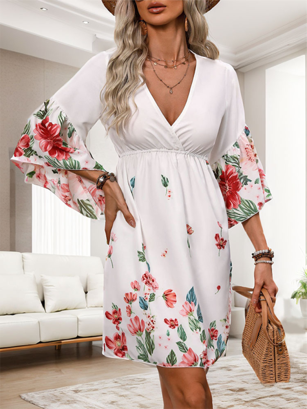 Summer Dresses- Women's 3/4 Bell Sleeves Surplice A-Line Mini Dress for Summer Festivities- - IndioGear Fashion and Gear