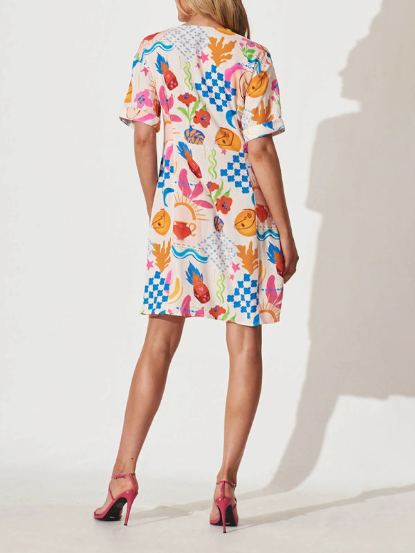 Summer Dresses- Women's Colorful Button-Up A-Line Dress with Short Sleeves- - IndioGear Fashion and Gear