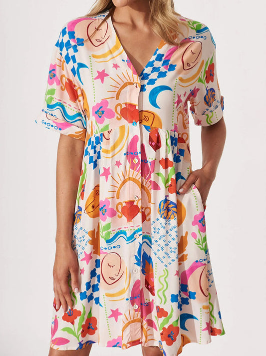 Summer Dresses- Women's Colorful Button-Up A-Line Dress with Short Sleeves- Blue- IndioGear Fashion and Gear