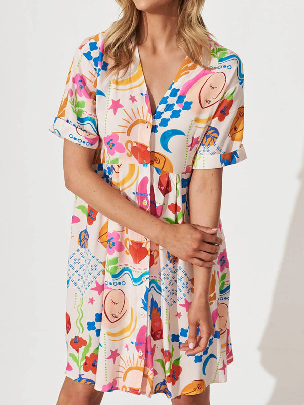 Summer Dresses- Women's Colorful Button-Up A-Line Dress with Short Sleeves- - IndioGear Fashion and Gear