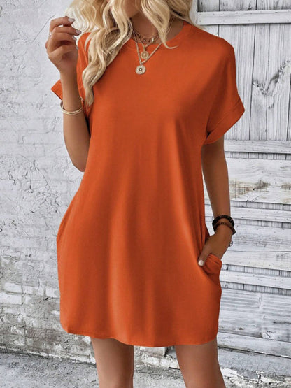 Summer Dresses- Women's Crew Neck Tee Dress in Solid Color- Orange- IndioGear.com