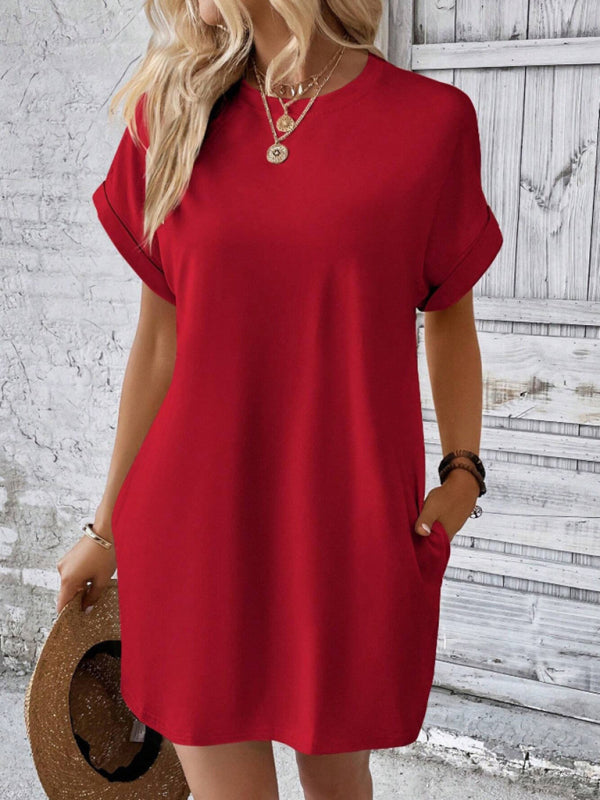 Summer Dresses- Women's Crew Neck Tee Dress in Solid Color- - IndioGear.com