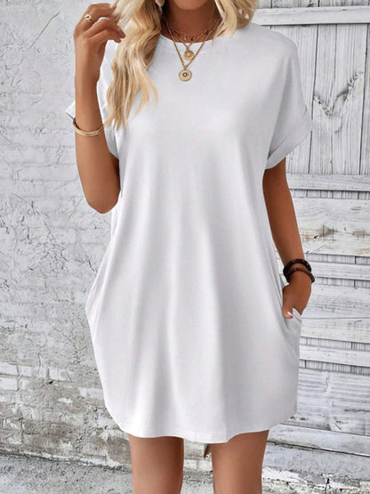 Summer Dresses- Women's Crew Neck Tee Dress in Solid Color- - IndioGear.com