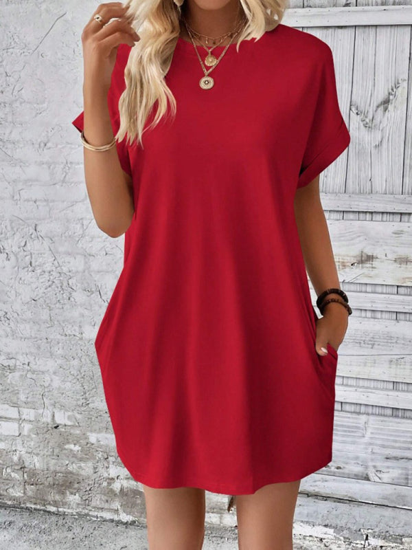 Summer Dresses- Women's Crew Neck Tee Dress in Solid Color- Red- IndioGear.com