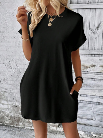 Summer Dresses- Women's Crew Neck Tee Dress in Solid Color- Black- IndioGear.com