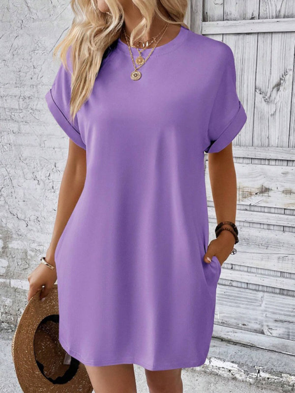 Summer Dresses- Women's Crew Neck Tee Dress in Solid Color- Purple- IndioGear.com