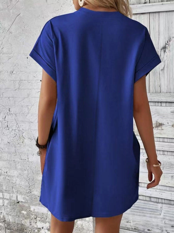 Summer Dresses- Women's Crew Neck Tee Dress in Solid Color- - IndioGear.com