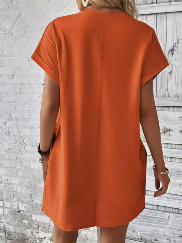 Summer Dresses- Women's Crew Neck Tee Dress in Solid Color- - IndioGear.com