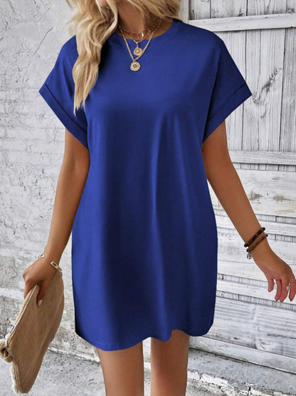 Summer Dresses- Women's Crew Neck Tee Dress in Solid Color- - IndioGear.com