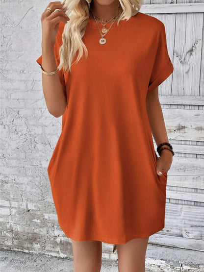 Summer Dresses- Women's Crew Neck Tee Dress in Solid Color- - IndioGear.com