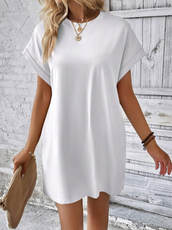 Summer Dresses- Women's Crew Neck Tee Dress in Solid Color- - IndioGear.com