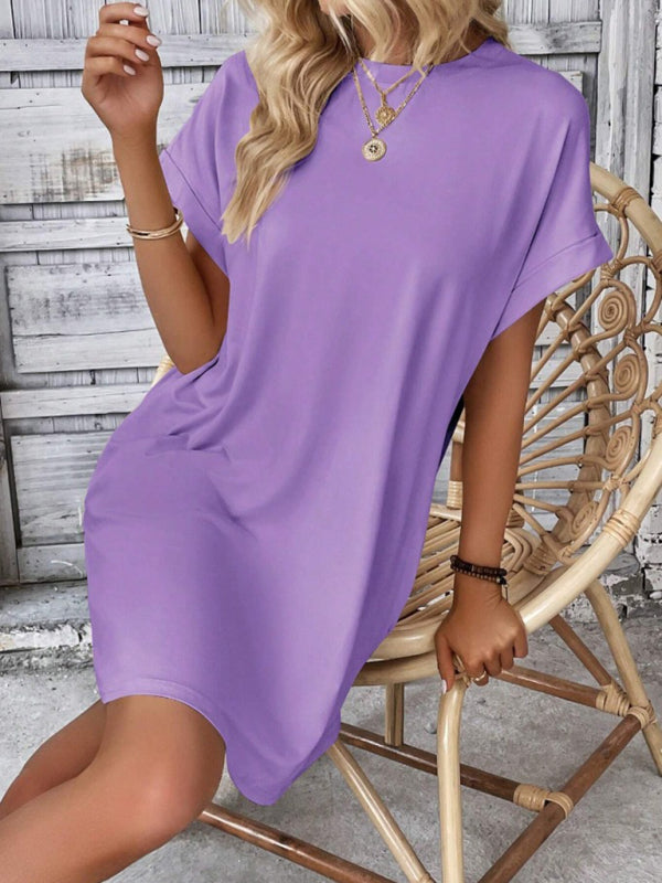 Summer Dresses- Women's Crew Neck Tee Dress in Solid Color- - IndioGear.com