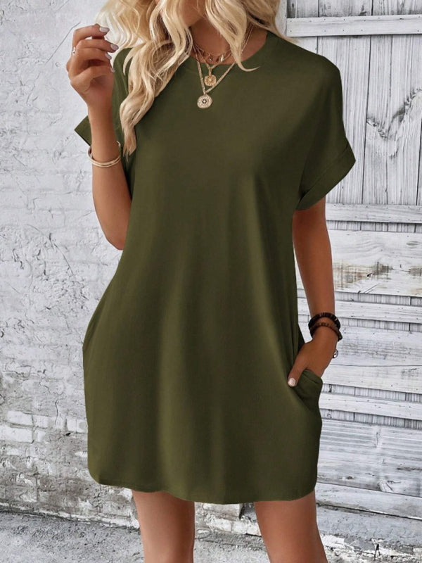 Summer Dresses- Women's Crew Neck Tee Dress in Solid Color- Olive green- IndioGear.com