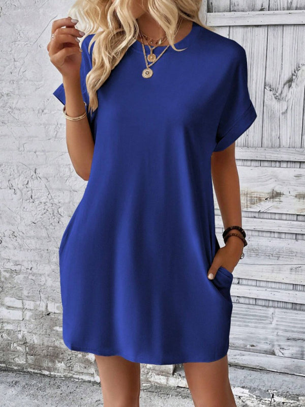 Summer Dresses- Women's Crew Neck Tee Dress in Solid Color- - IndioGear.com