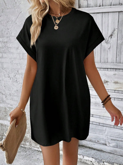 Summer Dresses- Women's Crew Neck Tee Dress in Solid Color- - IndioGear.com