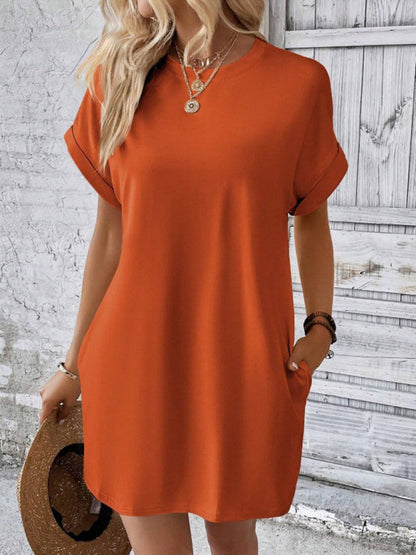 Summer Dresses- Women's Crew Neck Tee Dress in Solid Color- - IndioGear.com